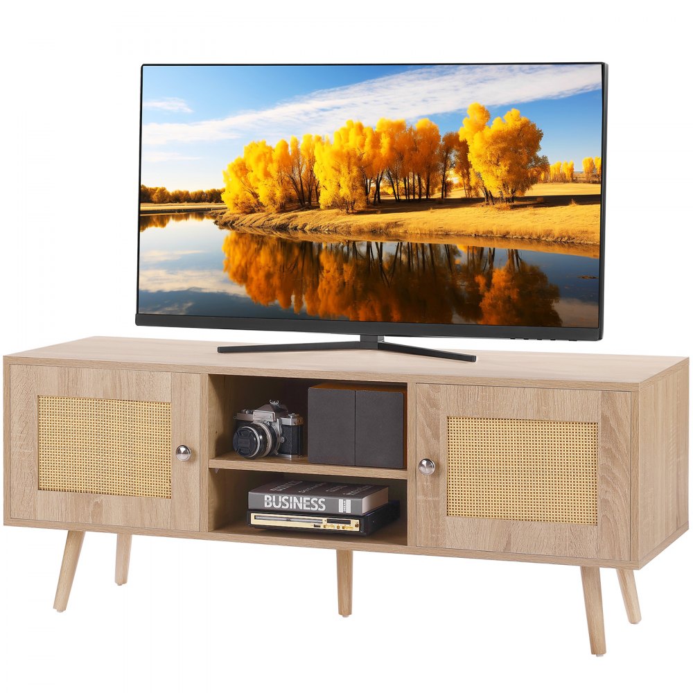 VEVOR Rattan TV Stand, Boho TV Cabinet for 55 inch TV, Mid Century Modern TV Stand, Rattan TV Console with Adjustable Shelfs for  Living Room, Media Room, Oak