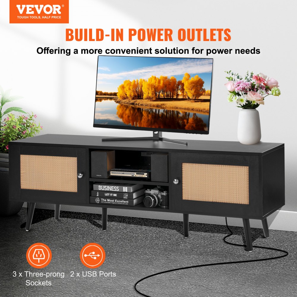 VEVOR Rattan TV Stand for 65 inch TV, Boho TV Stand with Rattan Door, Entertainment Center with Build-in Socket and USB Ports, Modern TV Console for Living Room, Media Room, Black