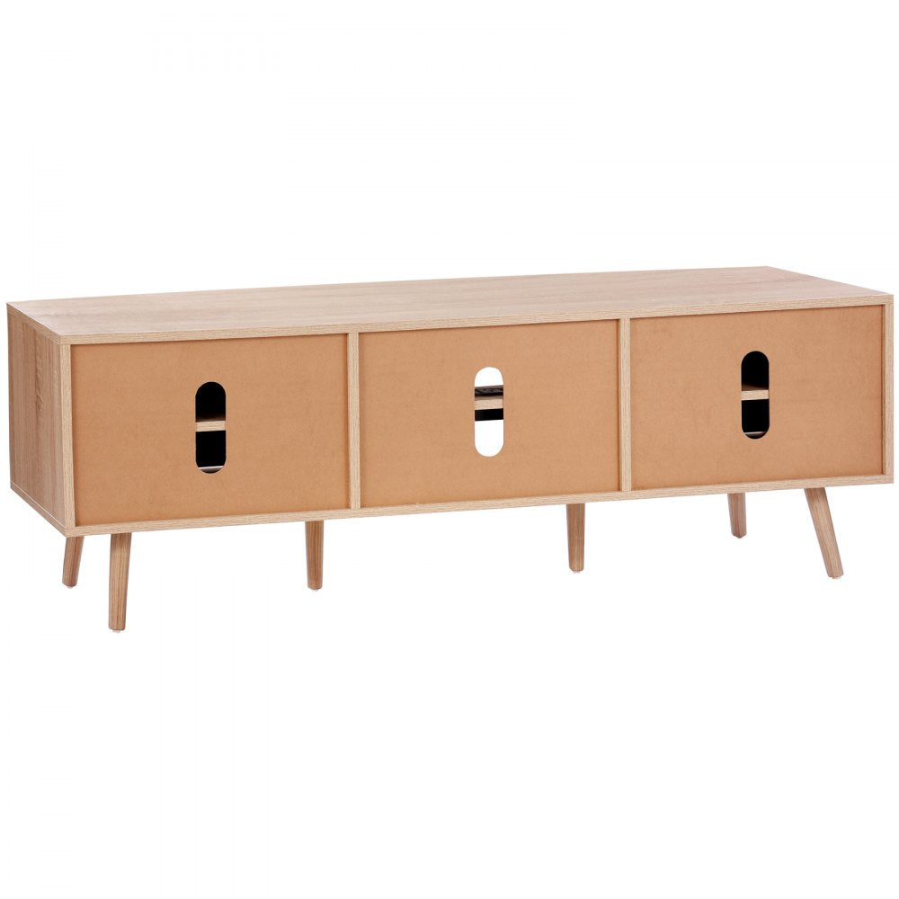 VEVOR Rattan TV Stand, Mid Century Modern TV Stand for 65 inch TV, Boho Rattan TV Cabinet with Build-in Socket and USB Ports, Adjustable Shelfs for Living Room, Media Room, Oak