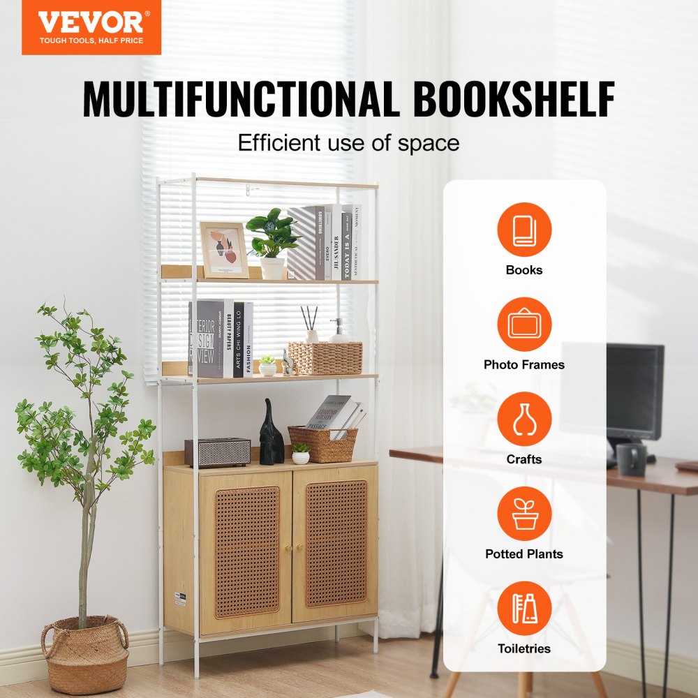 VEVOR Rattan Bookshelf, Ladder Shelf with 2 Doors, Rectangle Freestanding Open Storage Bookcase Rack Organizer, Storage Display Shelves Ideal for Library, Meeting Room, Office, Study, Natural