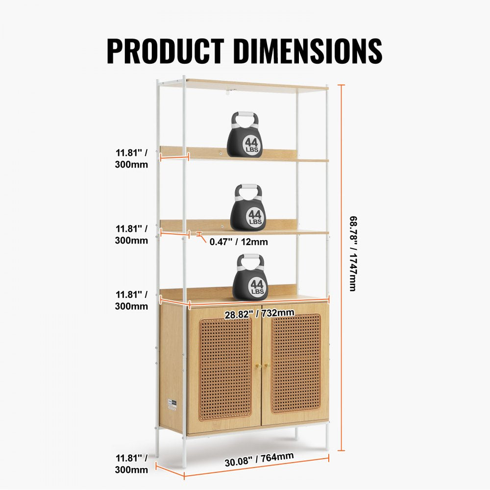 VEVOR Rattan Bookshelf, Ladder Shelf with 2 Doors, Rectangle Freestanding Open Storage Bookcase Rack Organizer, Storage Display Shelves Ideal for Library, Meeting Room, Office, Study, Natural