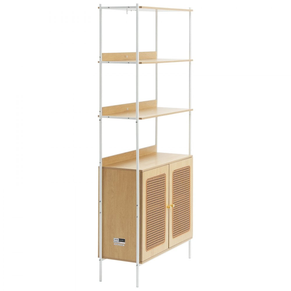 VEVOR Rattan Bookshelf, Ladder Shelf with 2 Doors, Rectangle Freestanding Open Storage Bookcase Rack Organizer, Storage Display Shelves Ideal for Library, Meeting Room, Office, Study, Natural