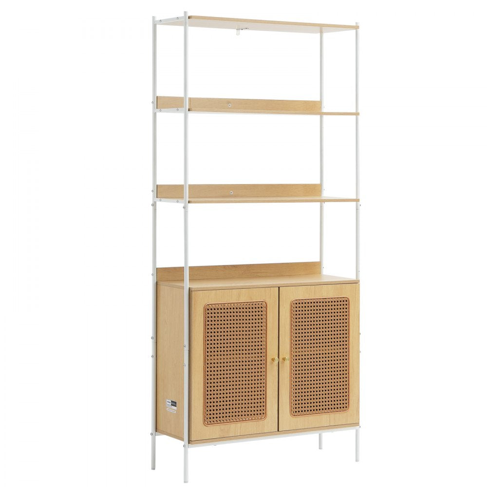 VEVOR Rattan Bookshelf, Ladder Shelf with 2 Doors, Rectangle Freestanding Open Storage Bookcase Rack Organizer, Storage Display Shelves Ideal for Library, Meeting Room, Office, Study, Natural