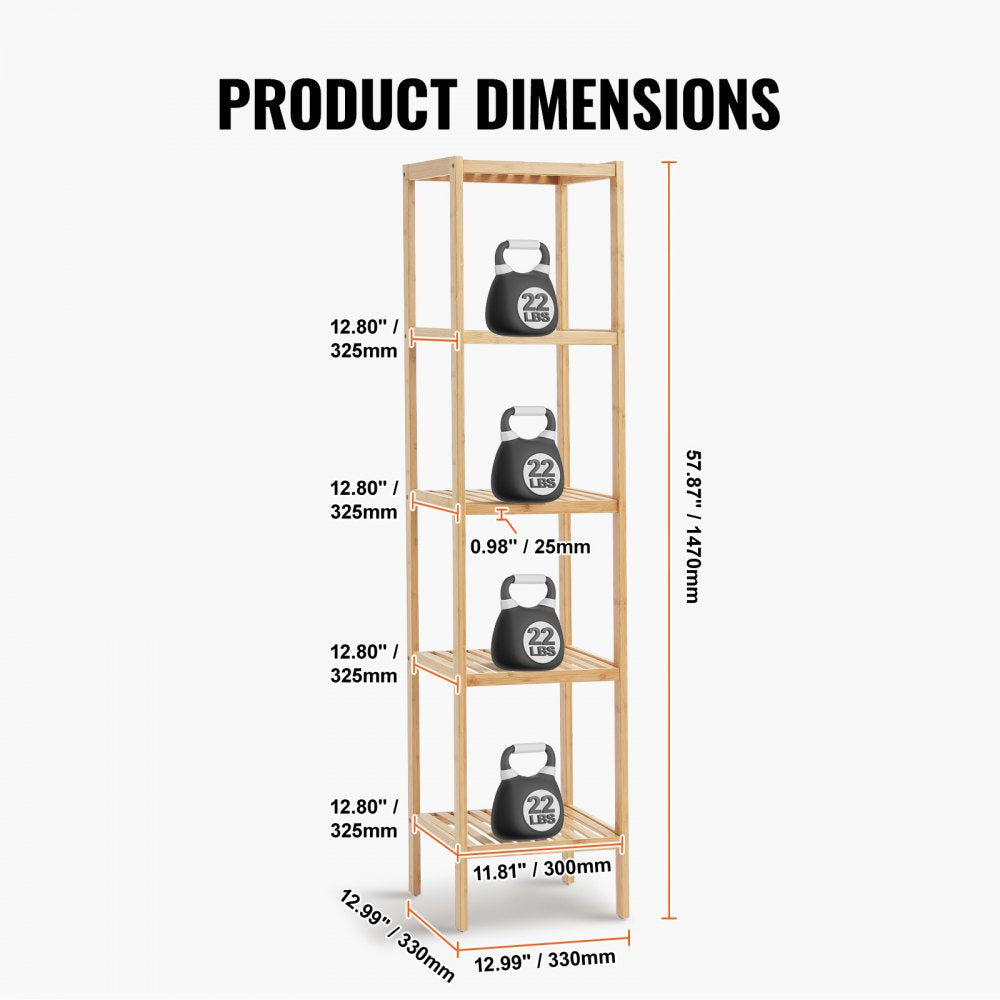 VEVOR 5-Tier Bathroom Standing Shelf, Narrow Shelving Unit, Display Storage Rack Organizer, Freestanding Flower Plant Stand, Multifunctional Bamboo Shelf Ideal for BathRoom, Kitchen, Home, Natural