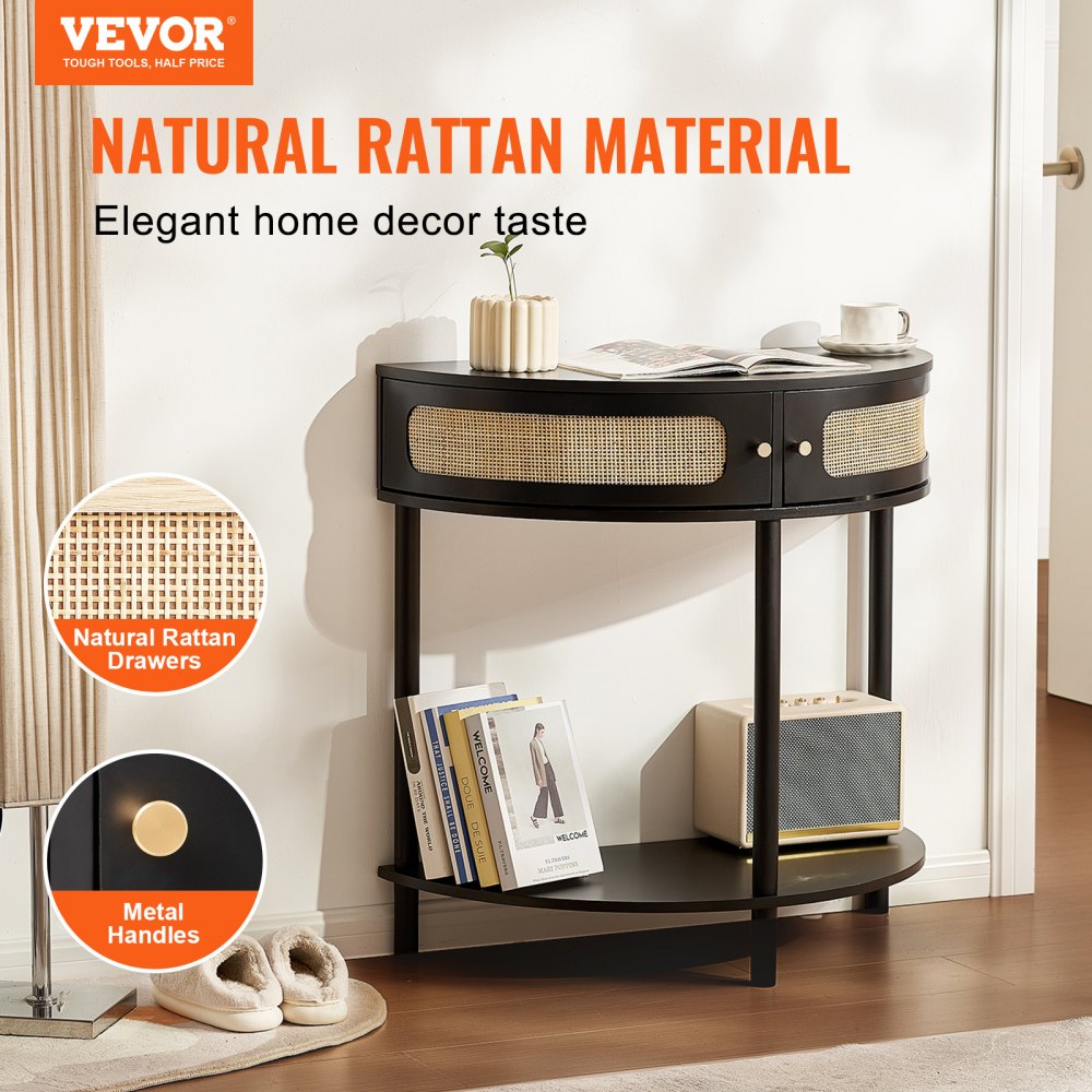 VEVOR Half-moon Rattan Console Table with 2 Drawers, Rattan Entryway Table with Natural Rattan Sliding Door, Console Table with Storage for Living Room, Study, Entryway Or TV Wall, Black