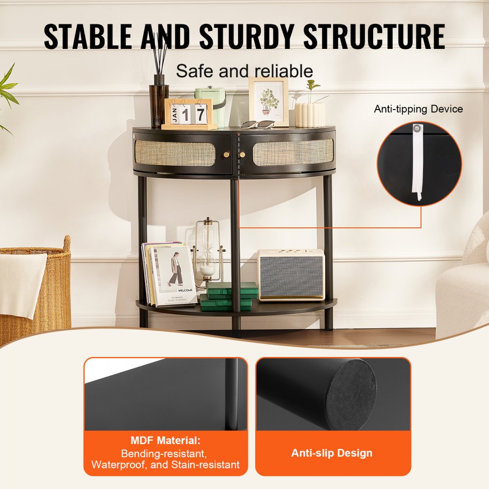 VEVOR Half-moon Rattan Console Table with 2 Drawers, Rattan Entryway Table with Natural Rattan Sliding Door, Console Table with Storage for Living Room, Study, Entryway Or TV Wall, Black