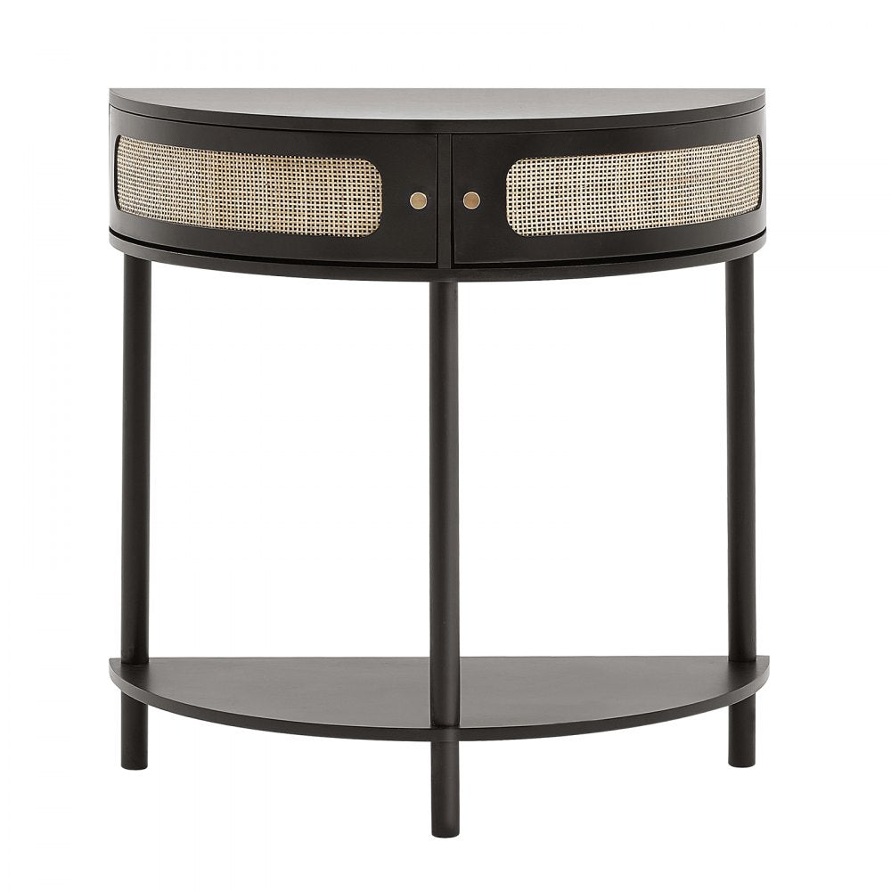 VEVOR Half-moon Rattan Console Table with 2 Drawers, Rattan Entryway Table with Natural Rattan Sliding Door, Console Table with Storage for Living Room, Study, Entryway Or TV Wall, Black