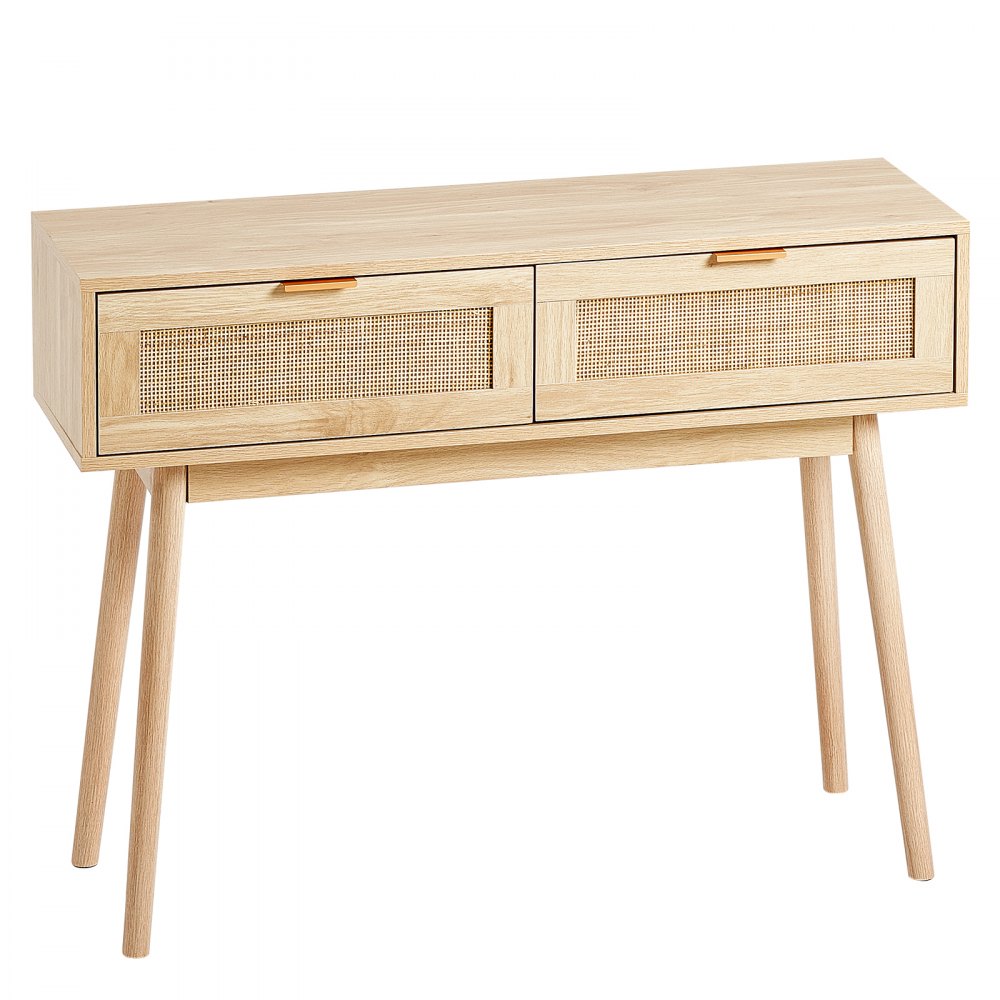 VEVOR Rattan Console Table with 2 Storage Drawers, Rattan Entryway Table with Natural Rattan Sliding Door, Console Sofa Table for Living Room, Study, Entryway Or TV Wall, Natural