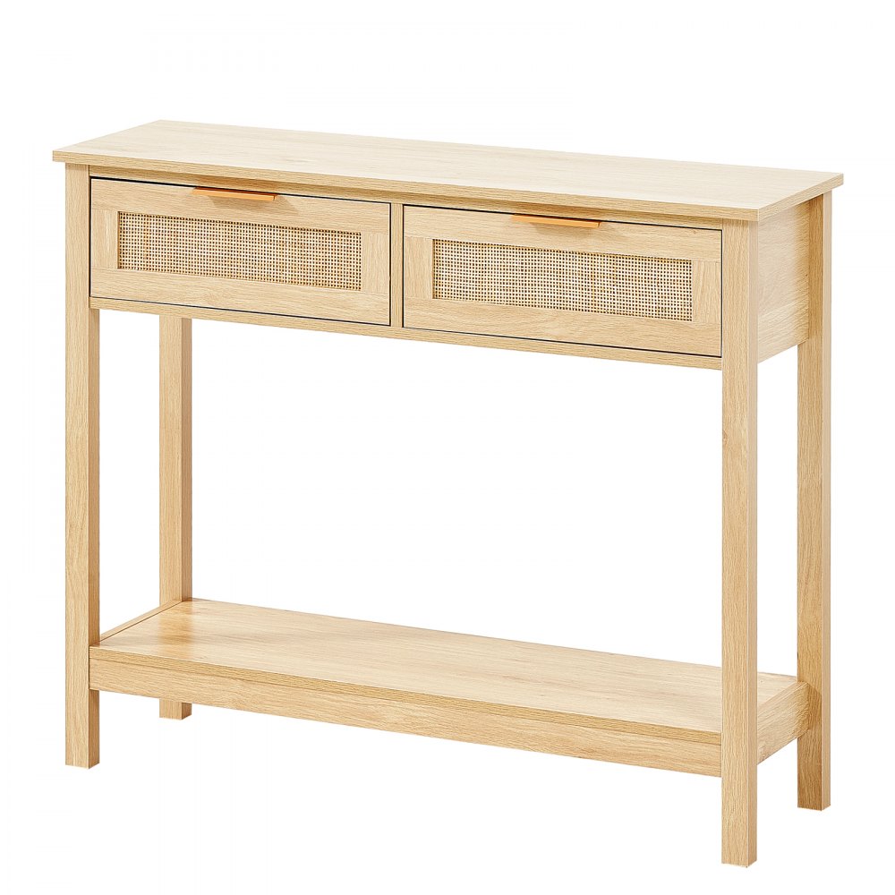 VEVOR Rattan Console Table with 2 Storage Drawers, Rattan Entryway Table with Natural Rattan Sliding Door, Console Sofa Table for Living Room, Study, Entryway Or TV Wall, Natural
