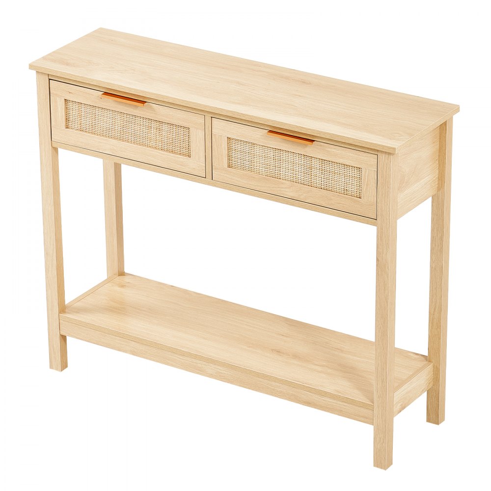 VEVOR Rattan Console Table with 2 Storage Drawers, Rattan Entryway Table with Natural Rattan Sliding Door, Console Sofa Table for Living Room, Study, Entryway Or TV Wall, Natural