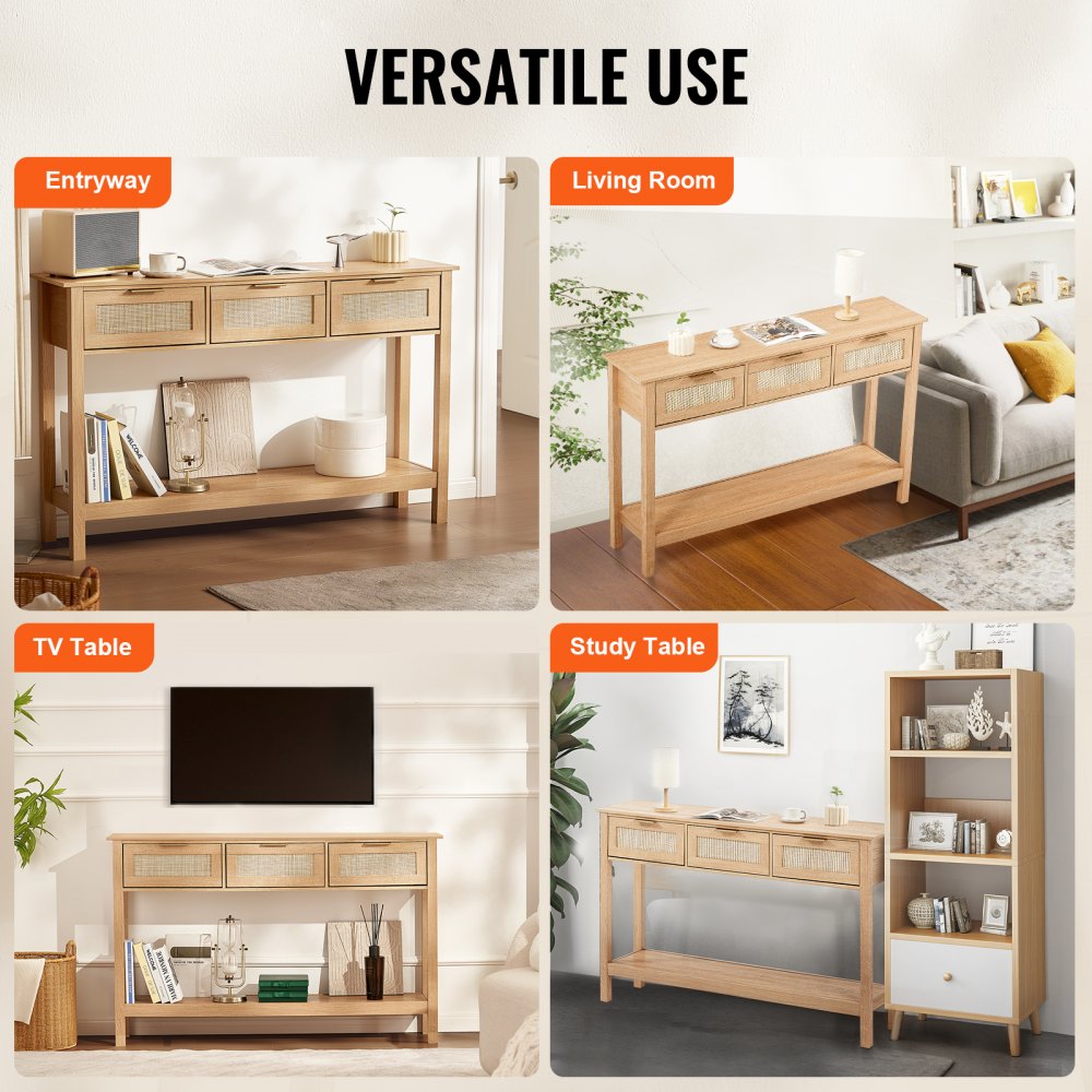 VEVOR Rattan Console Table with 3 Storage Drawers, Rattan Entryway Table with Natural Rattan Sliding Door, Console Sofa Table for Living Room, Study, Entryway Or TV Wall, Natural