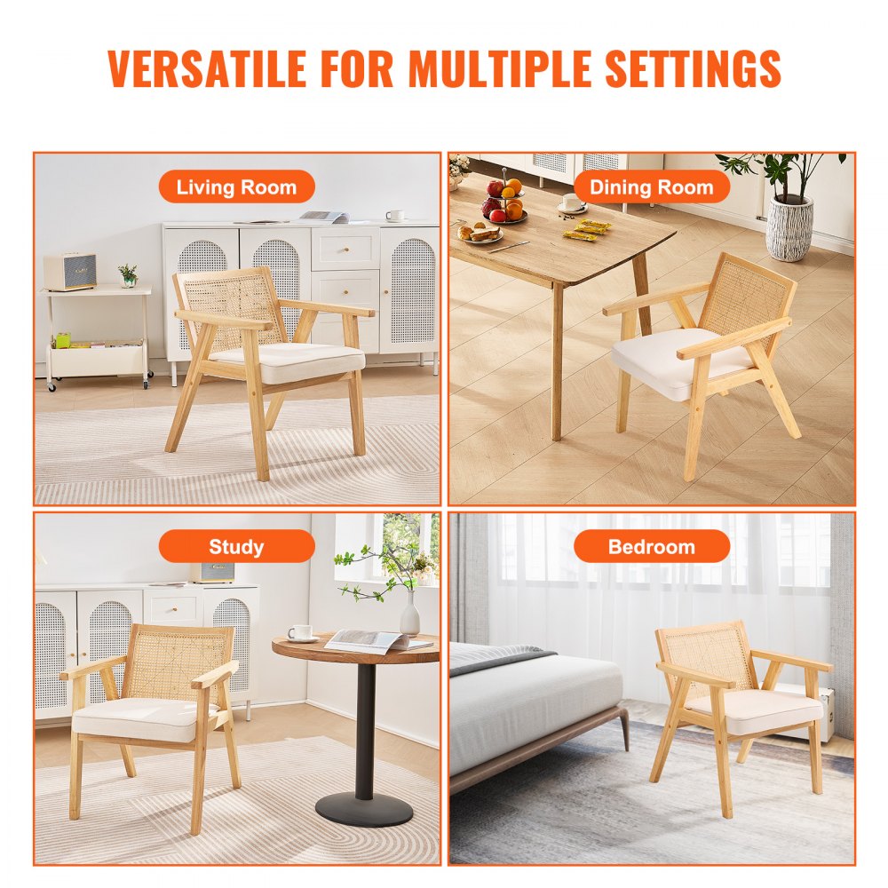 VEVOR Mid Century Modern Rattan Chair, Upholstered Velvet Accent Chair with Rattan Back, Retro Living Room Chair for Living Room, Bedroom, Reading Room, and Office, Beige