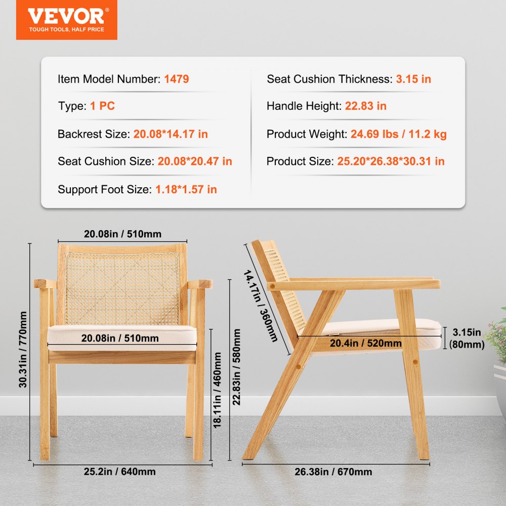 VEVOR Mid Century Modern Rattan Chair, Upholstered Velvet Accent Chair with Rattan Back, Retro Living Room Chair for Living Room, Bedroom, Reading Room, and Office, Beige