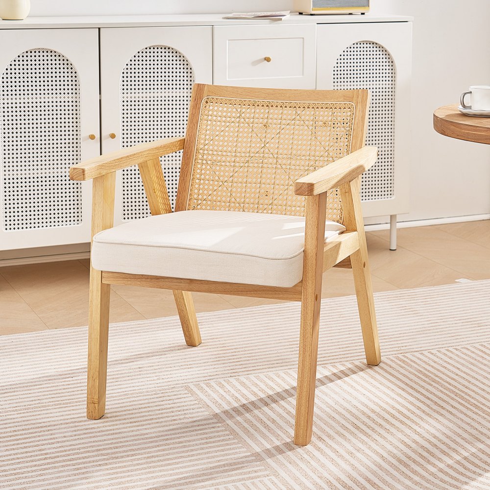 VEVOR Mid Century Modern Rattan Chair, Upholstered Velvet Accent Chair with Rattan Back, Retro Living Room Chair for Living Room, Bedroom, Reading Room, and Office, Beige