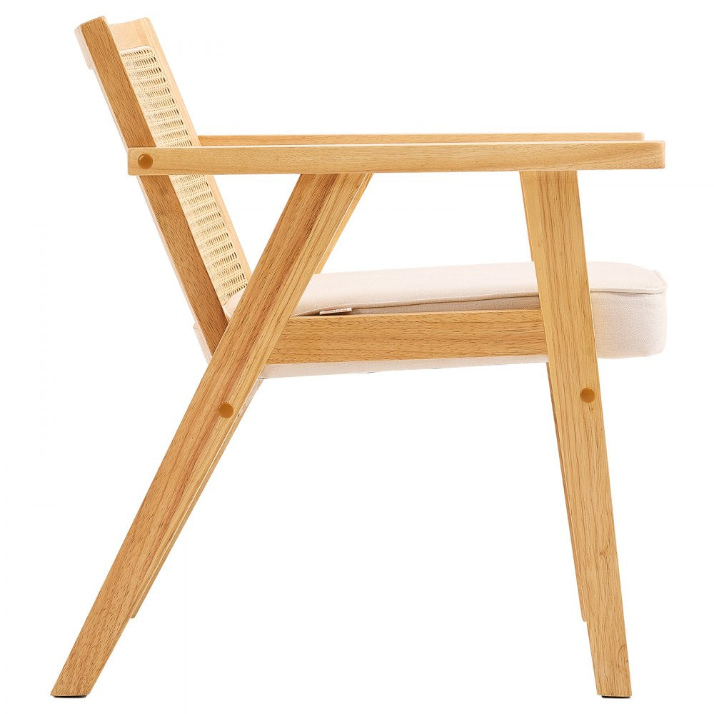 VEVOR Mid Century Modern Rattan Chair, Upholstered Velvet Accent Chair with Rattan Back, Retro Living Room Chair for Living Room, Bedroom, Reading Room, and Office, Beige