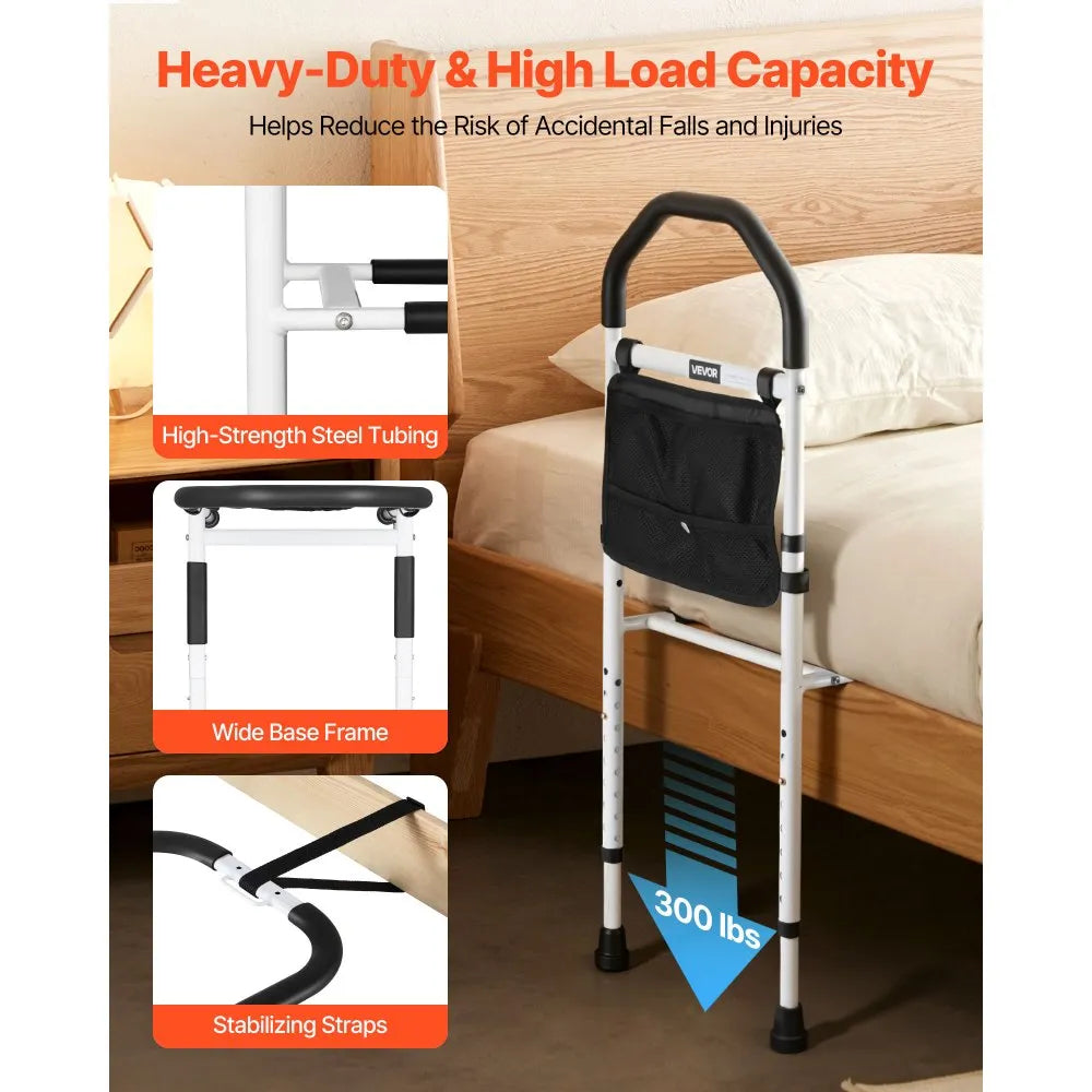 VEVOR Bed Rail for Elderly, Bedside Assist Rails with Supporting Leg and PU Handrail, Adjustable Height Carbon Steel Pipe Bedside Cane, Bed Bars for Seniors & Patients, Fits King, Queen, Full, Twin