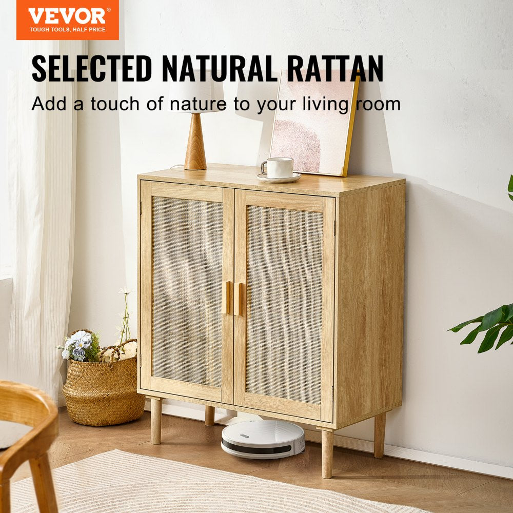 VEVOR Rattan Cabinet, Rattan Storage Cabinet with 2 Magnetic Doors and Adjustable Shelves, Sideboard Buffet Cabinet for Hallway, Entryway, Living Room, or Kitchen, Natural