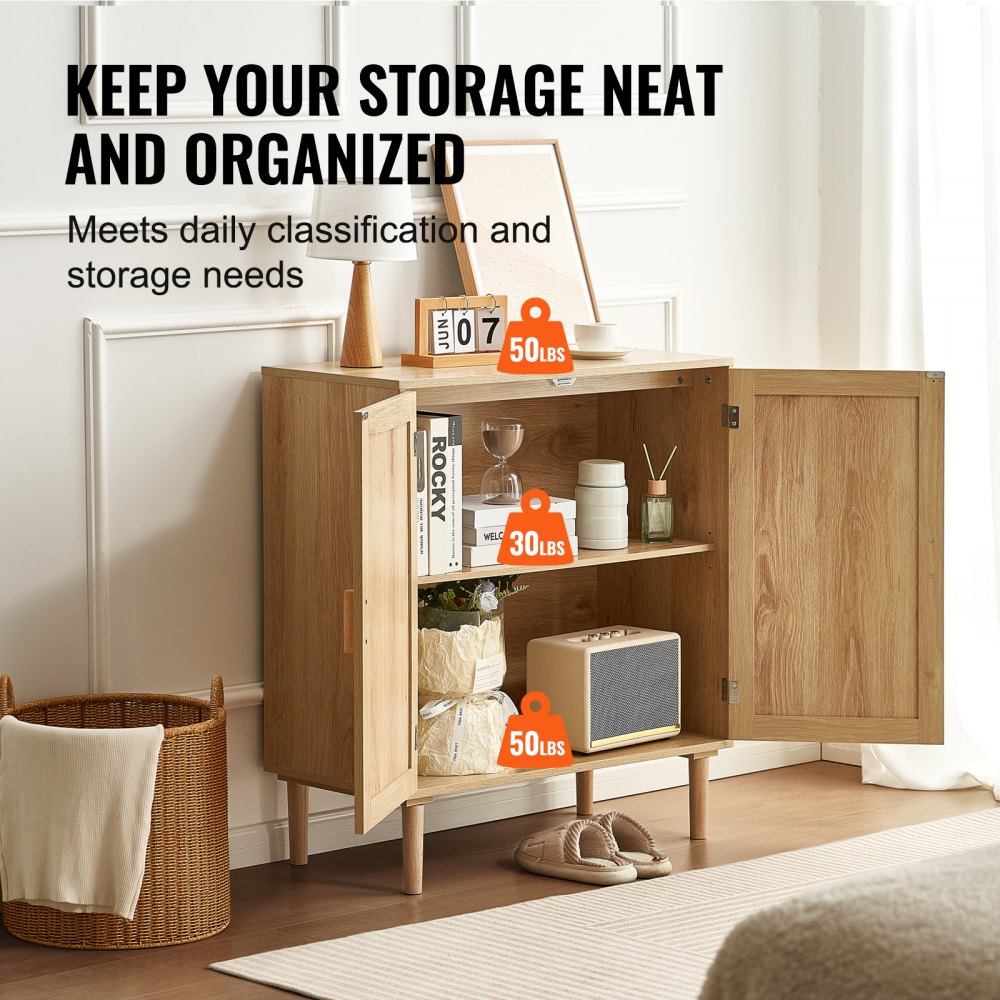 VEVOR Rattan Cabinet, Rattan Storage Cabinet with 2 Magnetic Doors and Adjustable Shelves, Sideboard Buffet Cabinet for Hallway, Entryway, Living Room, or Kitchen, Natural