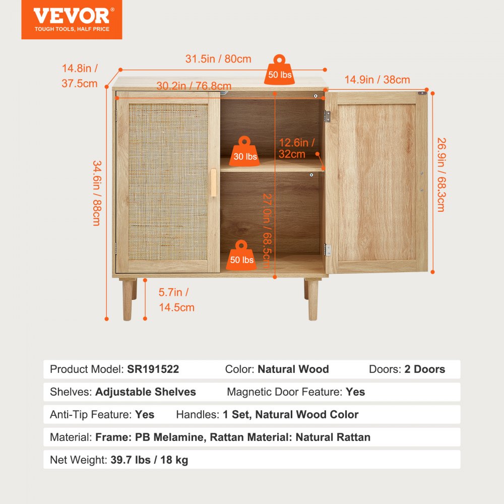 VEVOR Rattan Cabinet, Rattan Storage Cabinet with 2 Magnetic Doors and Adjustable Shelves, Sideboard Buffet Cabinet for Hallway, Entryway, Living Room, or Kitchen, Natural