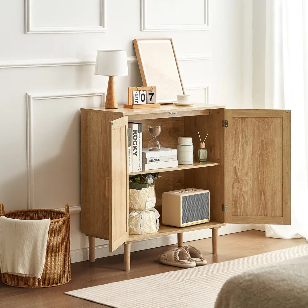 VEVOR Rattan Cabinet, Rattan Storage Cabinet with 2 Magnetic Doors and Adjustable Shelves, Sideboard Buffet Cabinet for Hallway, Entryway, Living Room, or Kitchen, Natural