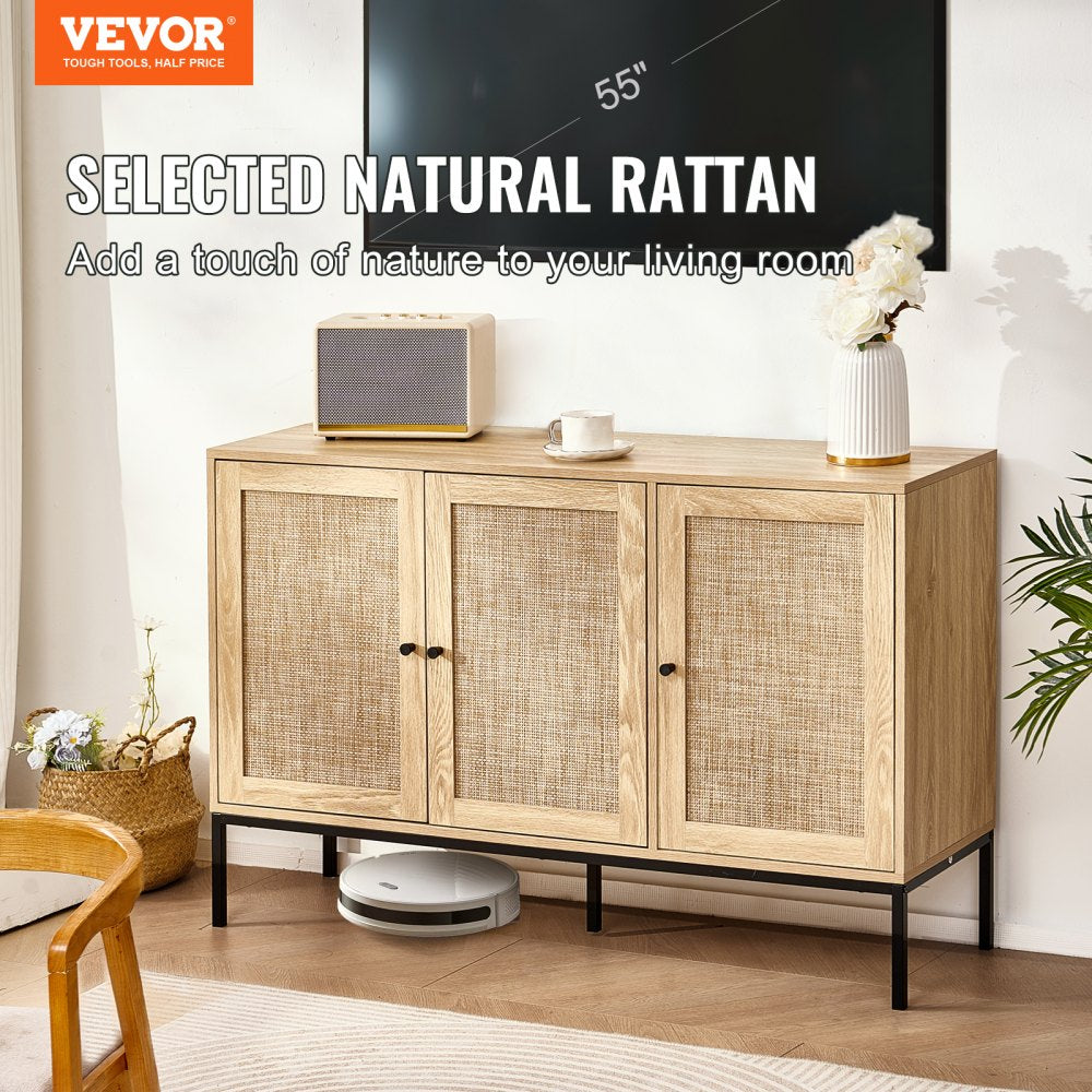 VEVOR Rattan Cabinet, Rattan Storage Cabinet with 3 Magnetic Doors and Adjustable Shelves, Sideboard Buffet Cabinet for Hallway, Entryway, Living Room, or Kitchen, Natural