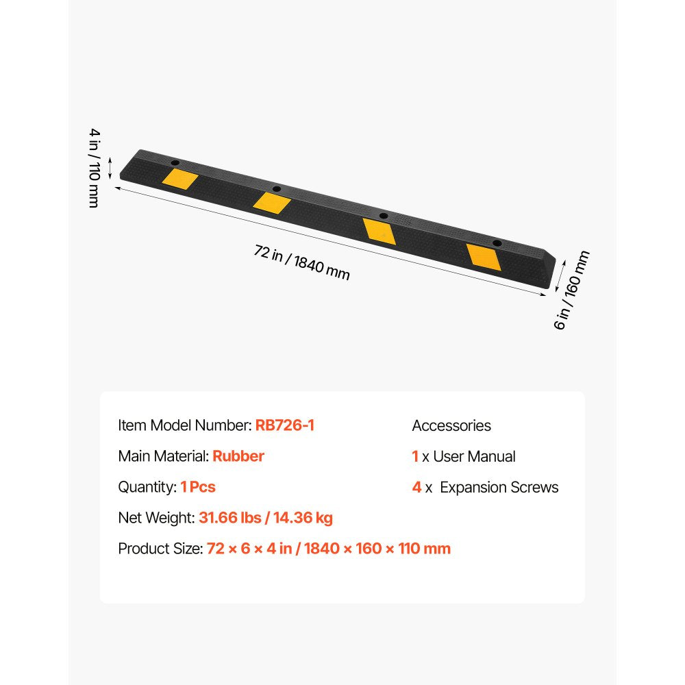 VEVOR Parking Stopper, 72 Inch Heavy Duty Parking Aid for Garage, Rubber Curb Garage Floor Stopper with Reflective Strips, Vehicles Gadgets for Cars Vans Trucks Tire Wheel Guide Block Stops Bumpers