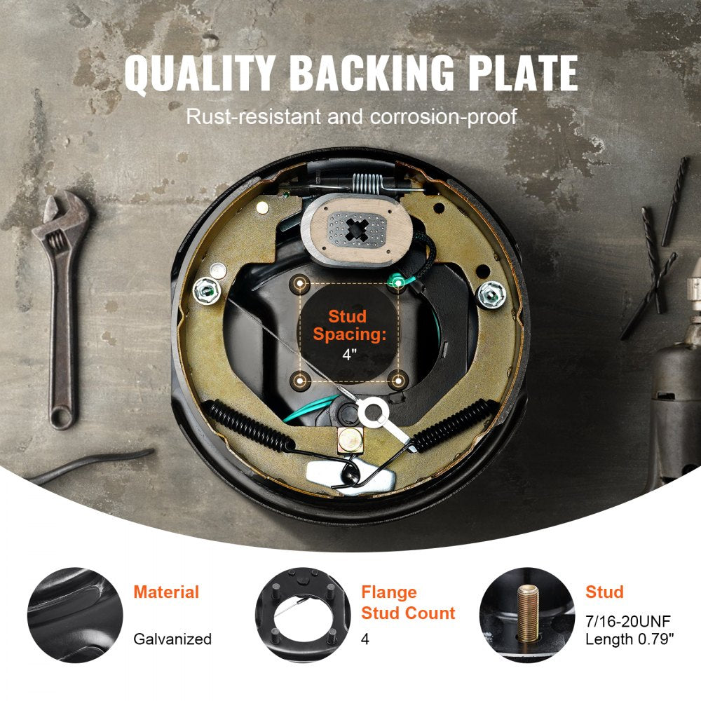 VEVOR Electric Trailer Brake Assembly, 10" x 2-1/4", 1 Pair Self-Adjusting Electric Brakes Kit for 3500 lbs Axle, 4-Hole Mounting, Backing Plates for Brake System Part Replacement (1 Right + 1 Left)