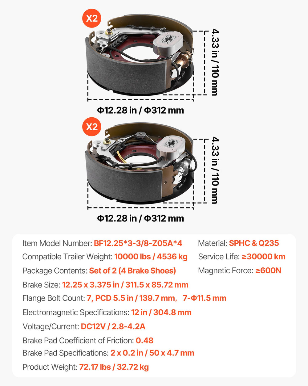 Product size and key specs graphic (12.28 in diameter x 4.33 in width)