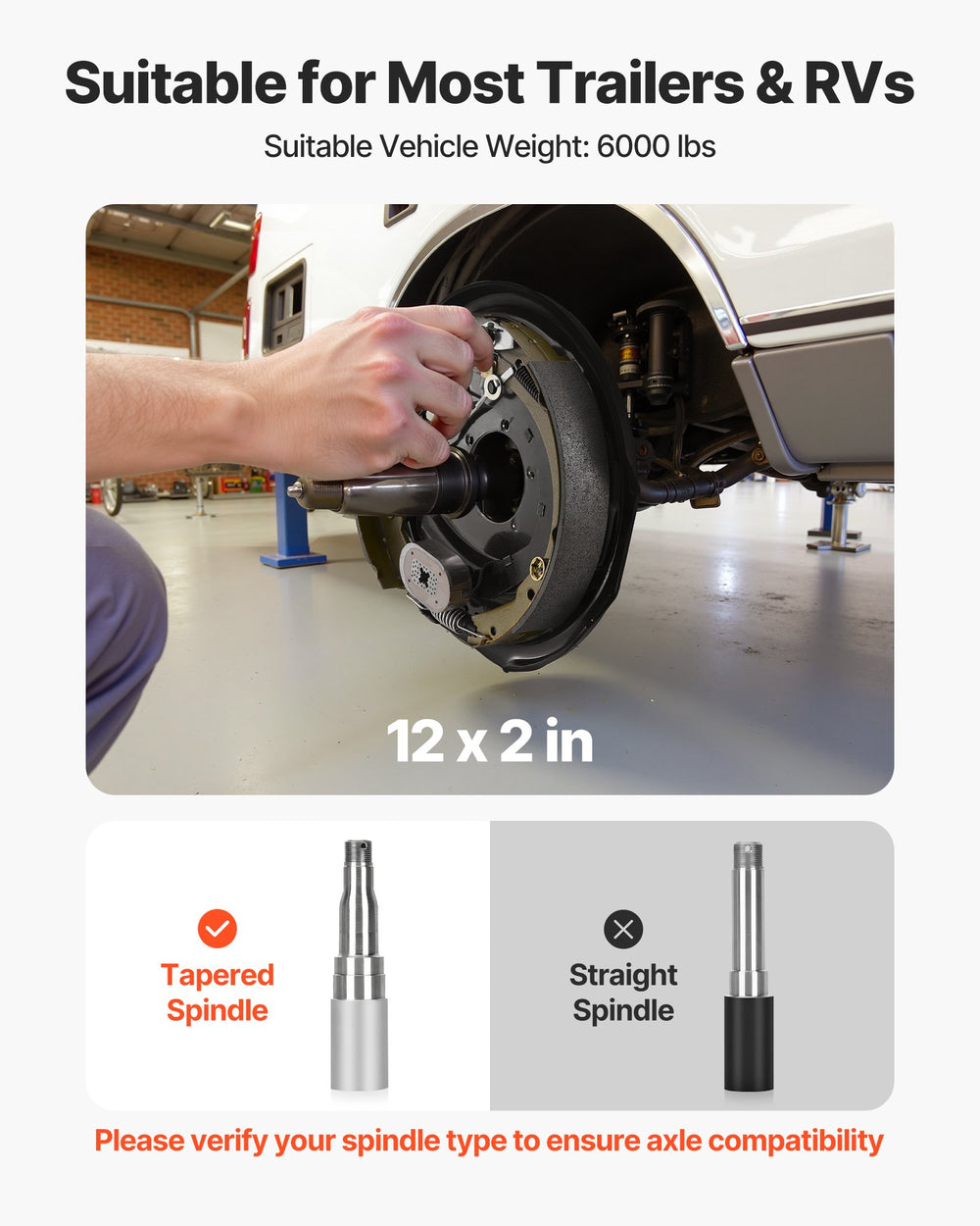 VEVOR electric trailer brake kit installed on trailer/RV wheel position (12 x 2 in, 6000 lbs)