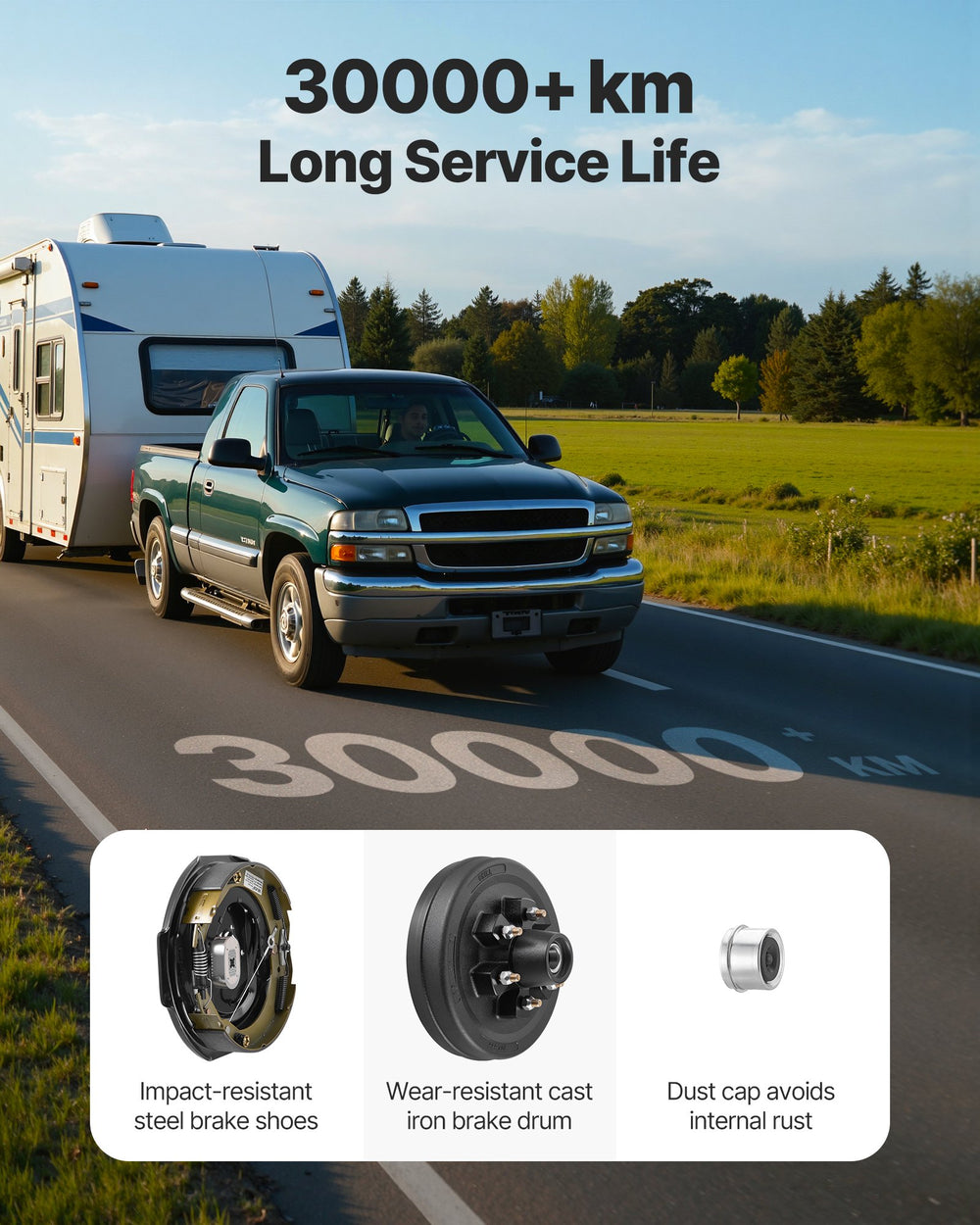 Long service life graphic (30000+ km) highlighting durable components