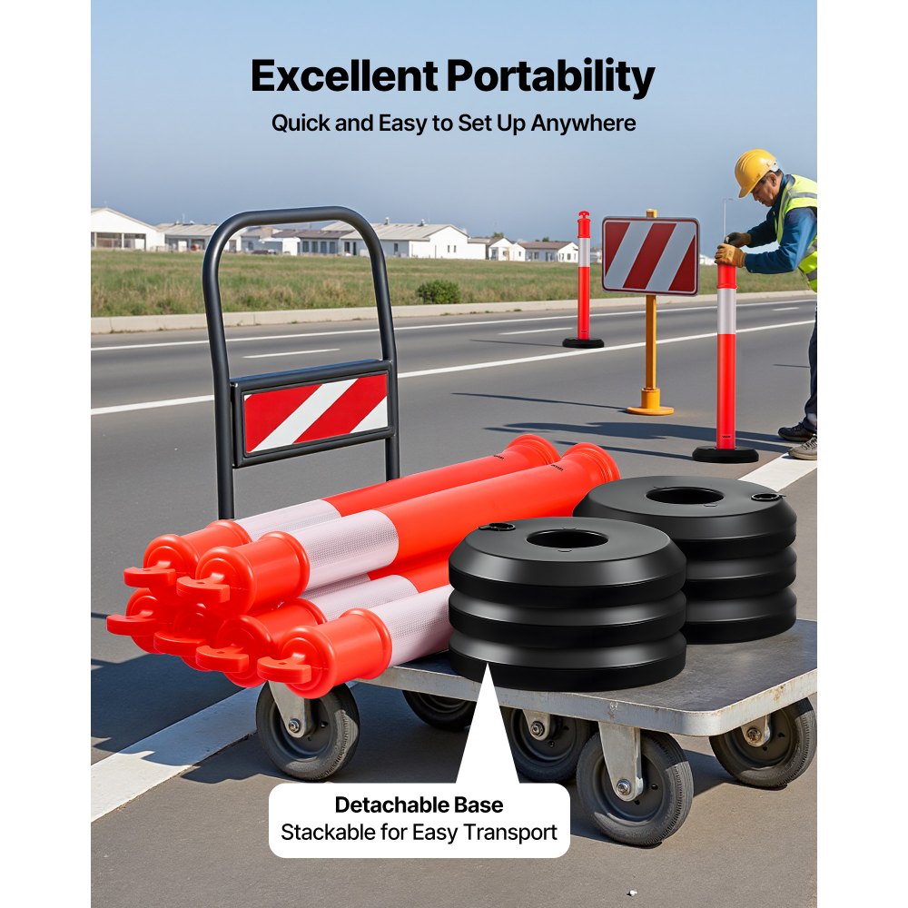 VEVOR 3 Pack Traffic Delineator Posts, 48 inches Traffic Safety Cones with Fillable Base and Reflective Strips, Heavy Duty Delineator Posts for Construction Site, Parking Lot, Crowd Control, Red