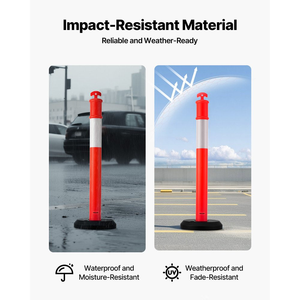 VEVOR 3 Pack Traffic Delineator Posts, 48 inches Traffic Safety Cones with Fillable Base and Reflective Strips, Heavy Duty Delineator Posts for Construction Site, Parking Lot, Crowd Control, Red