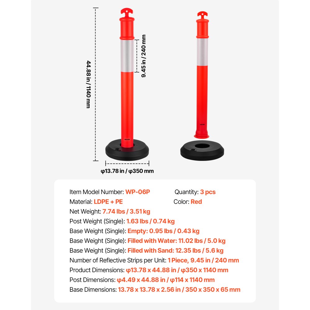 VEVOR 3 Pack Traffic Delineator Posts, 48 inches Traffic Safety Cones with Fillable Base and Reflective Strips, Heavy Duty Delineator Posts for Construction Site, Parking Lot, Crowd Control, Red