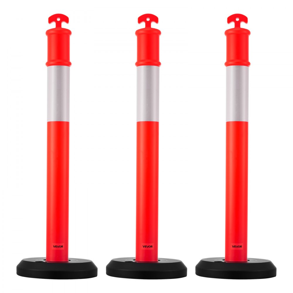VEVOR 3 Pack Traffic Delineator Posts, 48 inches Traffic Safety Cones with Fillable Base and Reflective Strips, Heavy Duty Delineator Posts for Construction Site, Parking Lot, Crowd Control, Red