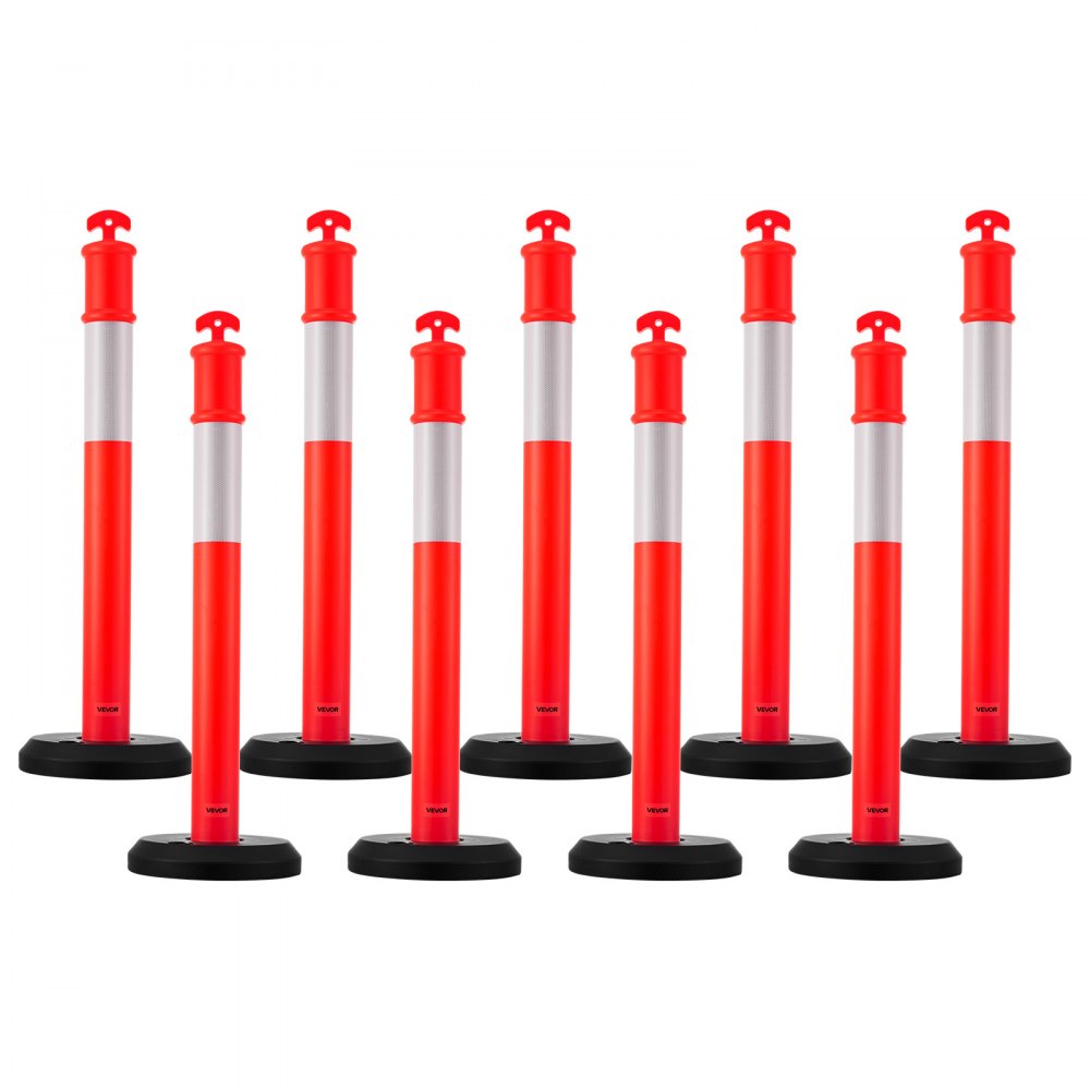 VEVOR 9 Pack Traffic Delineator Posts, 48 inches Traffic Safety Cones with Fillable Base and Reflective Strips, Heavy Duty Delineator Posts for Construction Site, Parking Lot, Crowd Control, Red