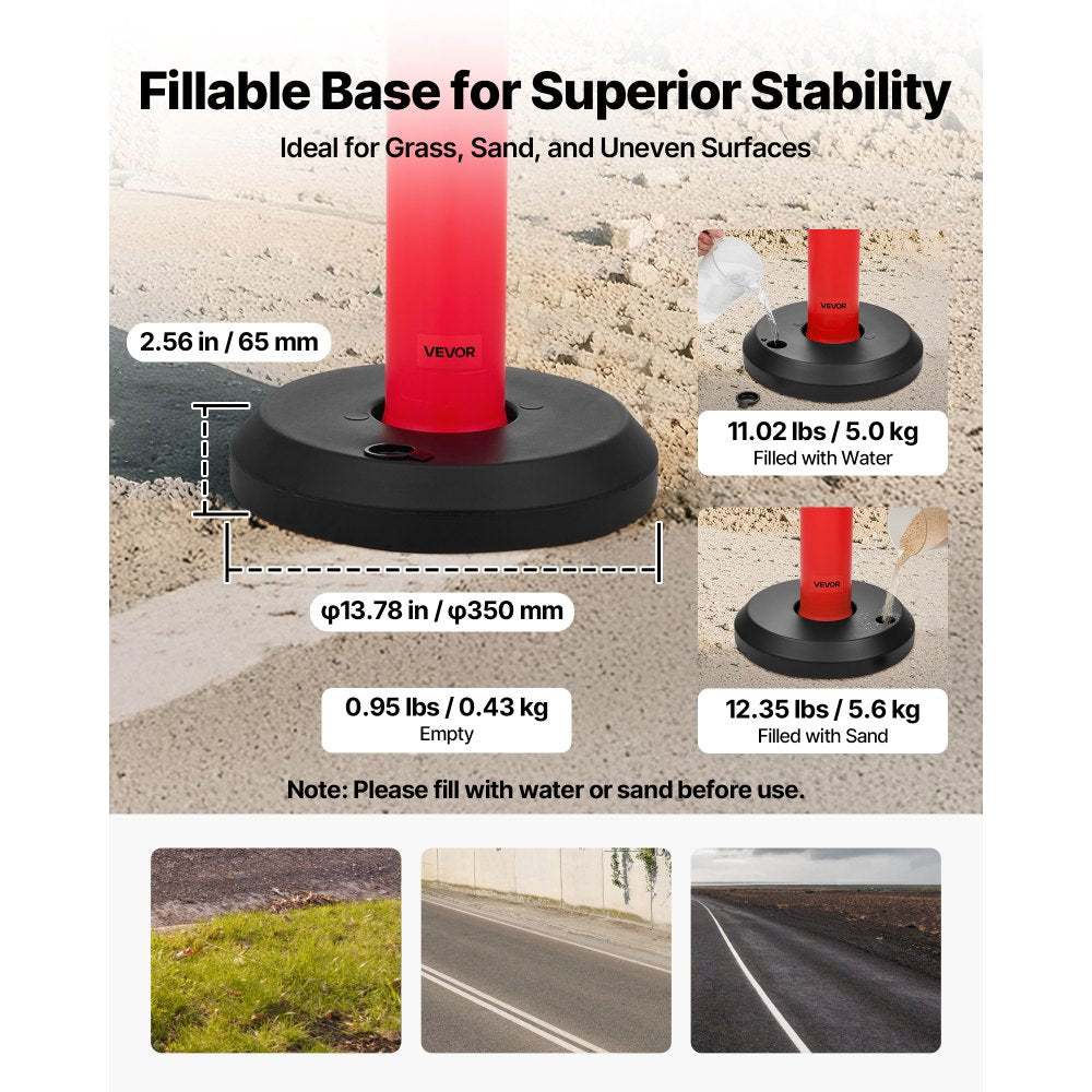 VEVOR 2 Pack Traffic Delineator Posts, 48 inches Traffic Safety Cones with Fillable Base and Reflective Strips, Heavy Duty Delineator Posts for Construction Site, Parking Lot, Crowd Control, Red