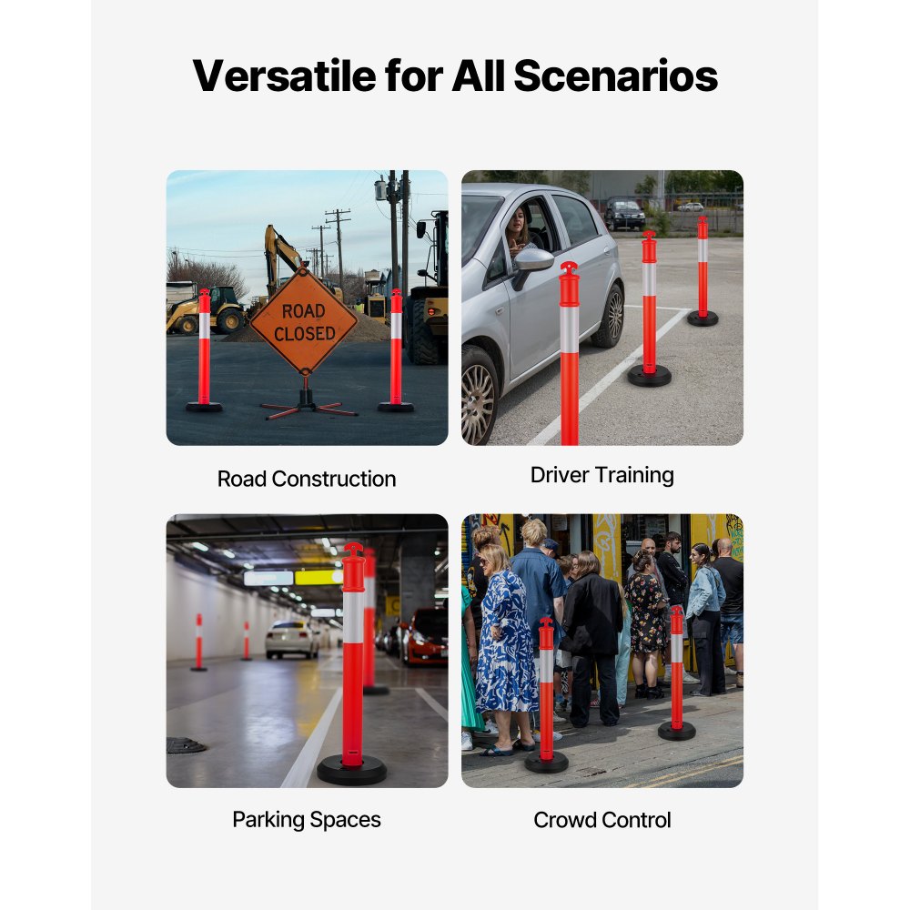 VEVOR 2 Pack Traffic Delineator Posts, 48 inches Traffic Safety Cones with Fillable Base and Reflective Strips, Heavy Duty Delineator Posts for Construction Site, Parking Lot, Crowd Control, Red