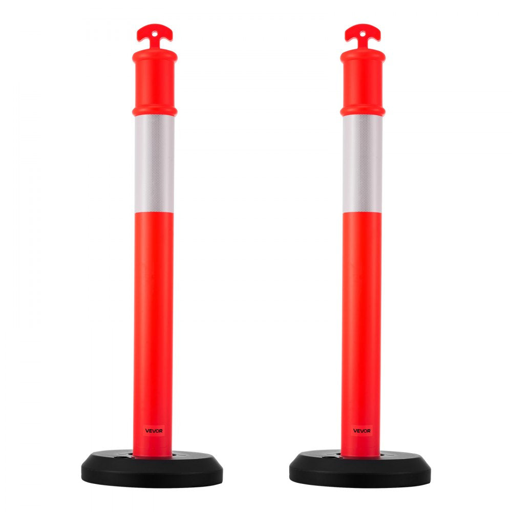 VEVOR 2 Pack Traffic Delineator Posts, 48 inches Traffic Safety Cones with Fillable Base and Reflective Strips, Heavy Duty Delineator Posts for Construction Site, Parking Lot, Crowd Control, Red