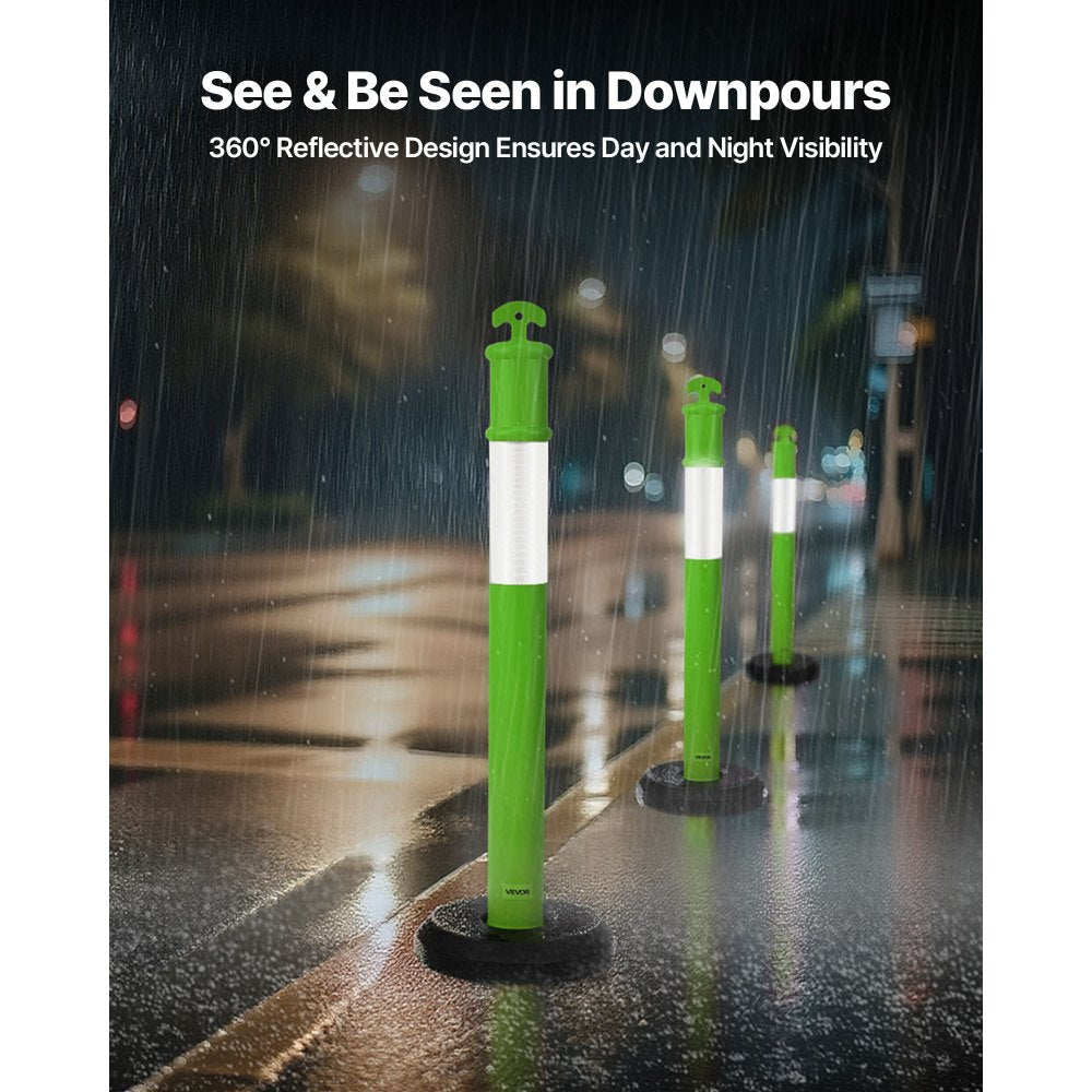 VEVOR 3 Pack Traffic Delineator Posts, 48 inches Traffic Safety Cones with Fillable Base and Reflective Strips, Heavy Duty Delineator Posts for Construction Site, Parking Lot, Crowd Control, Green