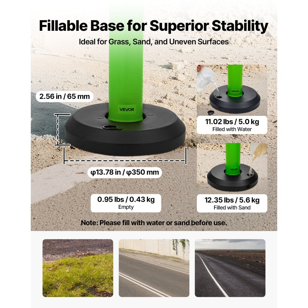 VEVOR 3 Pack Traffic Delineator Posts, 48 inches Traffic Safety Cones with Fillable Base and Reflective Strips, Heavy Duty Delineator Posts for Construction Site, Parking Lot, Crowd Control, Green
