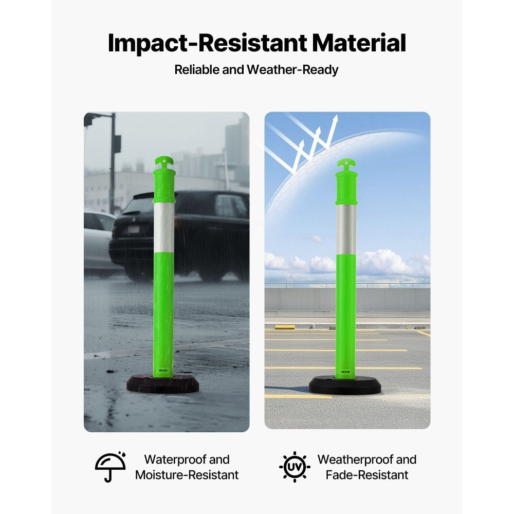 VEVOR 3 Pack Traffic Delineator Posts, 48 inches Traffic Safety Cones with Fillable Base and Reflective Strips, Heavy Duty Delineator Posts for Construction Site, Parking Lot, Crowd Control, Green