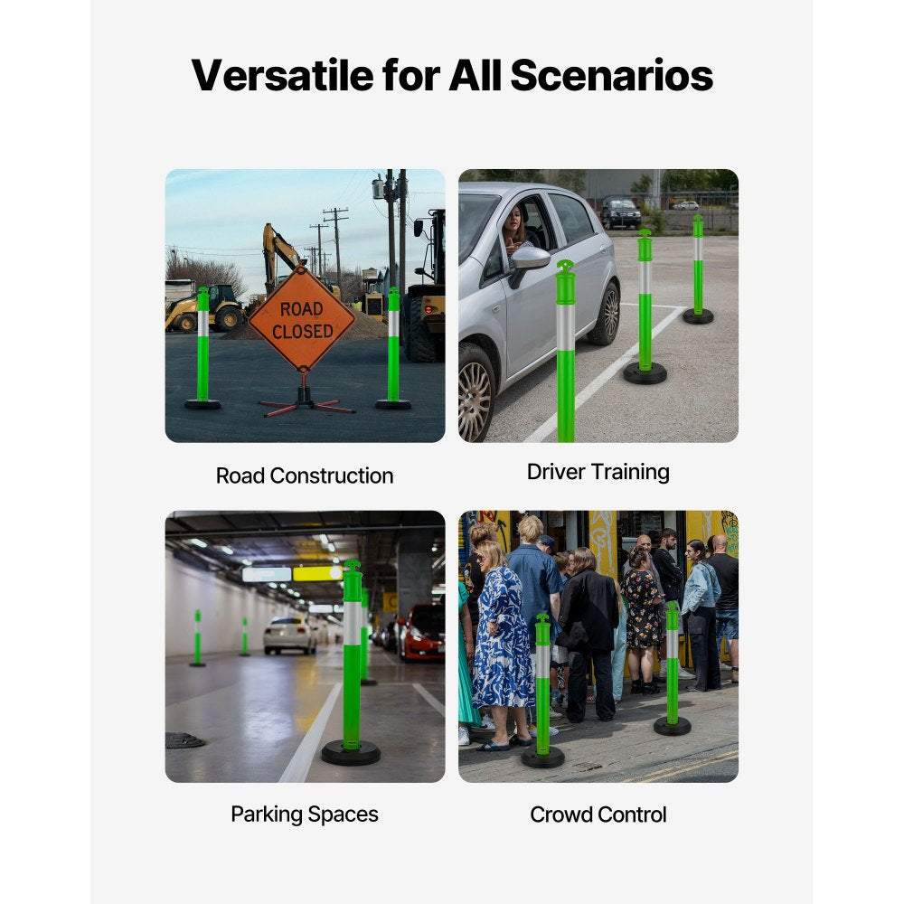 VEVOR 3 Pack Traffic Delineator Posts, 48 inches Traffic Safety Cones with Fillable Base and Reflective Strips, Heavy Duty Delineator Posts for Construction Site, Parking Lot, Crowd Control, Green