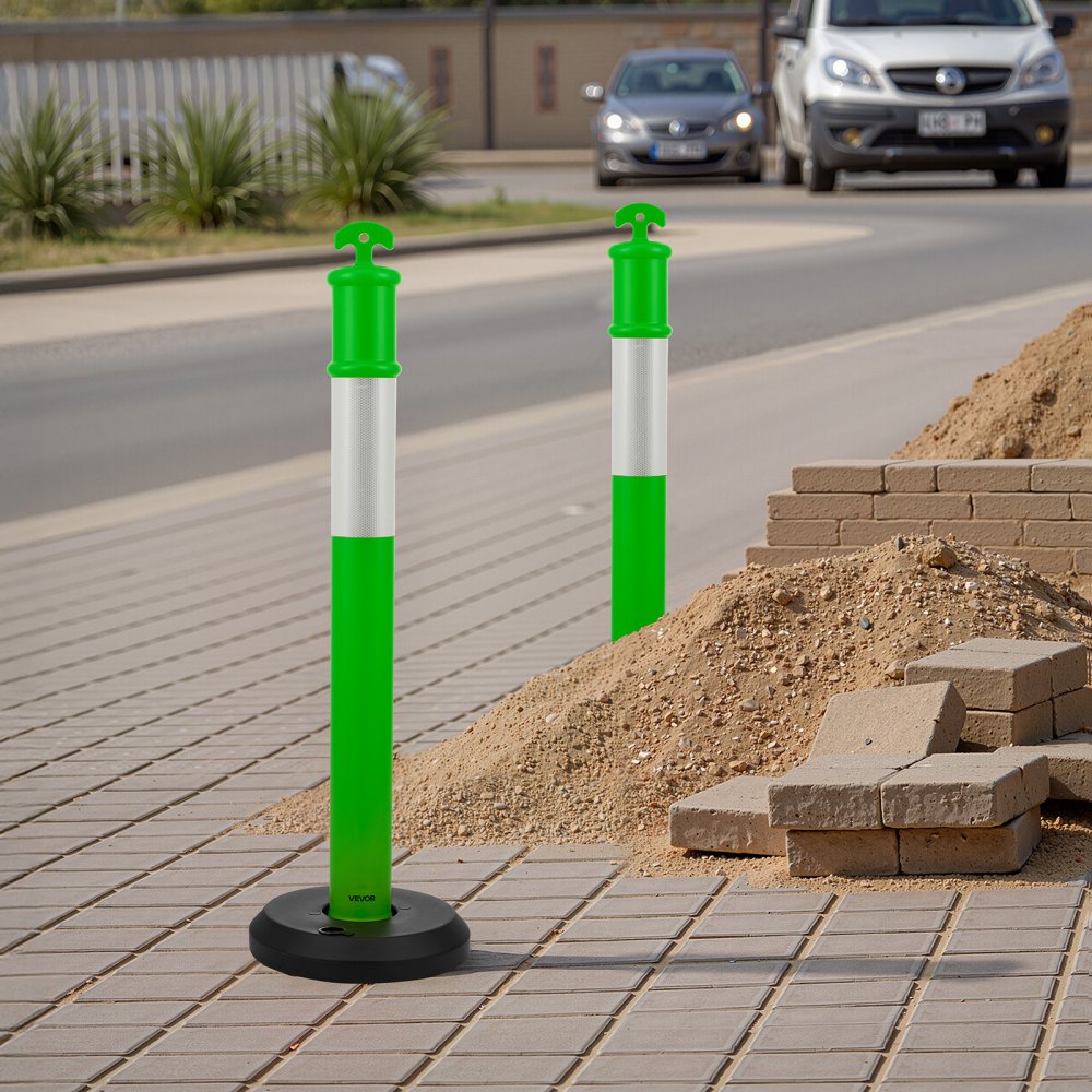 VEVOR 3 Pack Traffic Delineator Posts, 48 inches Traffic Safety Cones with Fillable Base and Reflective Strips, Heavy Duty Delineator Posts for Construction Site, Parking Lot, Crowd Control, Green