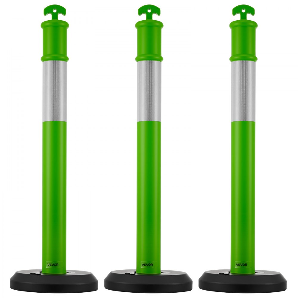 VEVOR 3 Pack Traffic Delineator Posts, 48 inches Traffic Safety Cones with Fillable Base and Reflective Strips, Heavy Duty Delineator Posts for Construction Site, Parking Lot, Crowd Control, Green
