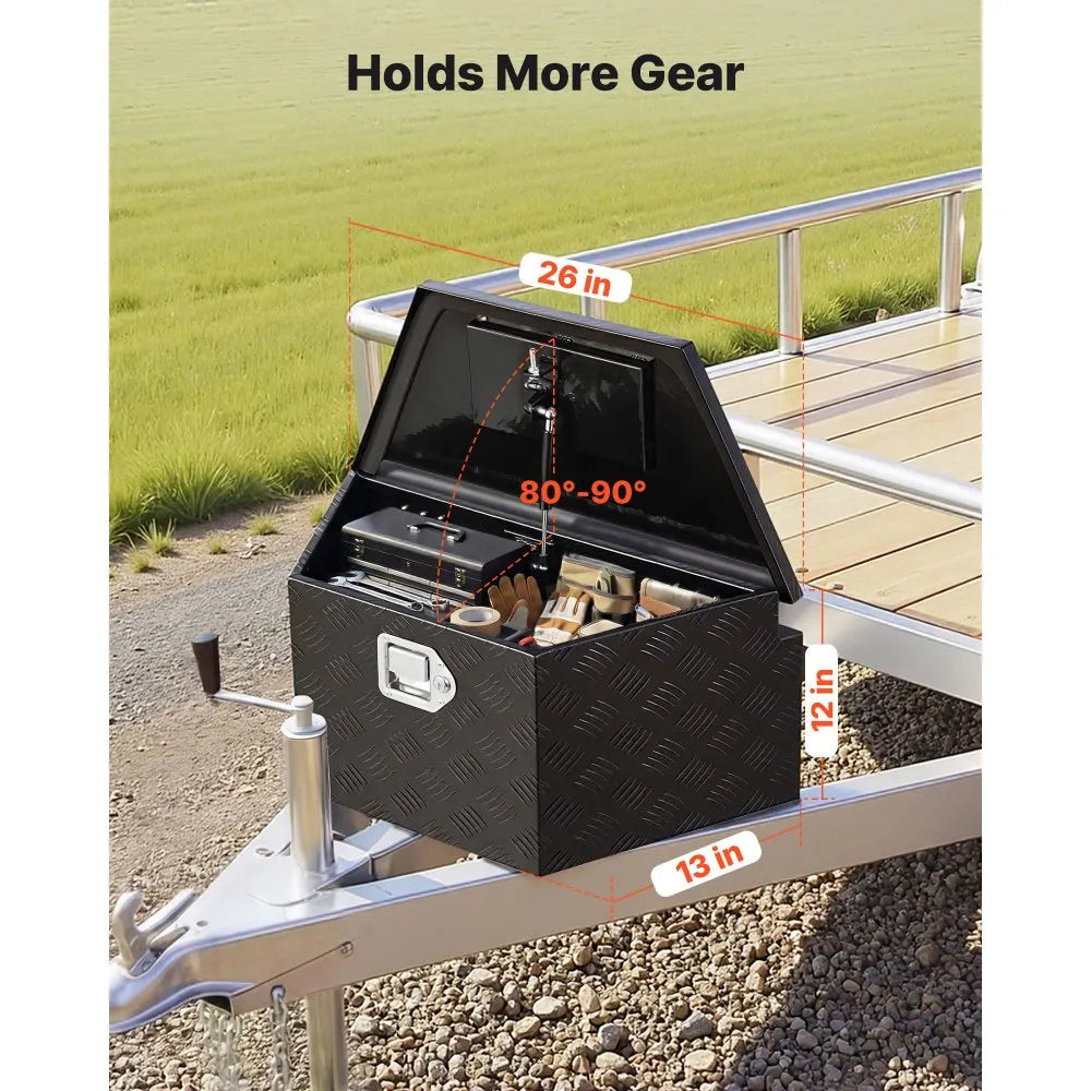 VEVOR Trailer Tongue Box, 26" x 13" x 12" Aluminum Trailer Tongue Tool Box, Heavy Duty Storage Organizer with Lock and Keys, Utility Tool Chest for Pickup Truck Bed, RV, SUV, Off-Road Vehicle, Black