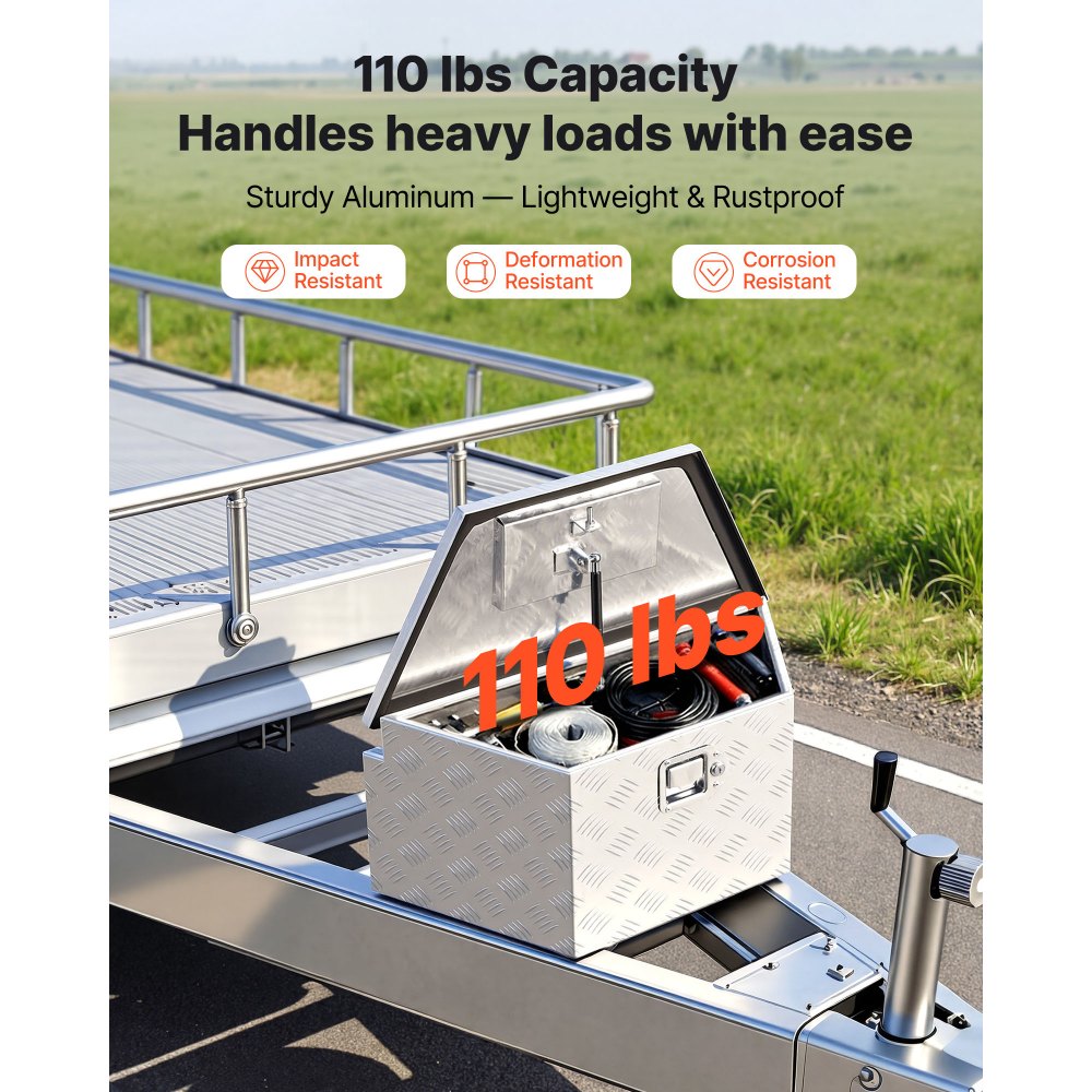VEVOR Trailer Tongue Box, 26" x 13" x 12" Aluminum Trailer Tongue Tool Box, Heavy Duty Storage Organizer with Lock and Keys, Utility Tool Chest for Pickup Truck Bed, RV, SUV, Off-Road Vehicle, Silver