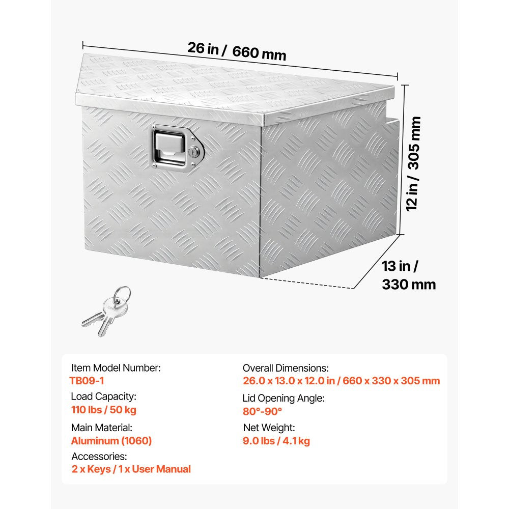 VEVOR Trailer Tongue Box, 26" x 13" x 12" Aluminum Trailer Tongue Tool Box, Heavy Duty Storage Organizer with Lock and Keys, Utility Tool Chest for Pickup Truck Bed, RV, SUV, Off-Road Vehicle, Silver