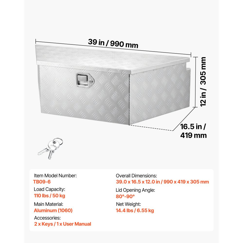 VEVOR Trailer Tongue Box, 39" x 16.5" x 12" Aluminum Trailer Tongue Tool Box, Heavy Duty Storage Organizer with Lock & Keys, Utility Tool Chest for Pickup Truck Bed, RV, SUV, Off-Road Vehicle, Silver