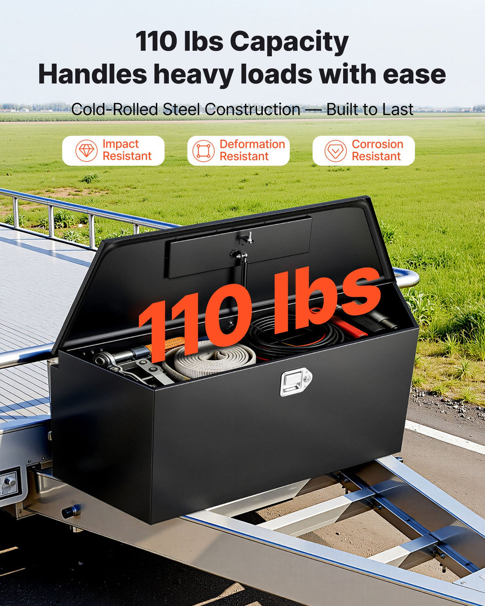 VEVOR Trailer Tongue Box, 49" x 13.9" x 18.5" Steel Trailer Tongue Tool Box, Heavy Duty Storage Organizer with Lock and Keys, Utility Tool Chest for Pickup Truck Bed, RV, SUV, Off-Road Vehicle, Black