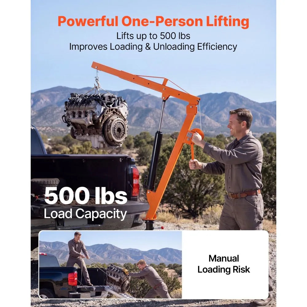 VEVOR Truck Crane, 500 lbs Pickup Hitch Crane Trailer Hitch Mounted with Manual Winch & Hydraulic Jack, 360° Rotating Telescopic Boom, Foldable Truck Bed Jib Hoist for Machine Lumber Equipment Lifting